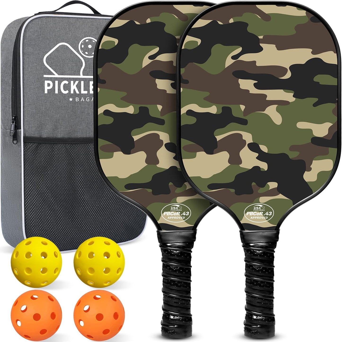 USAPA Approved Fiberglass Pickleball Paddle Set - Lightweight Rackets with 4 Balls and Carry Bag, Designed for Traction and Stability.  Made in California