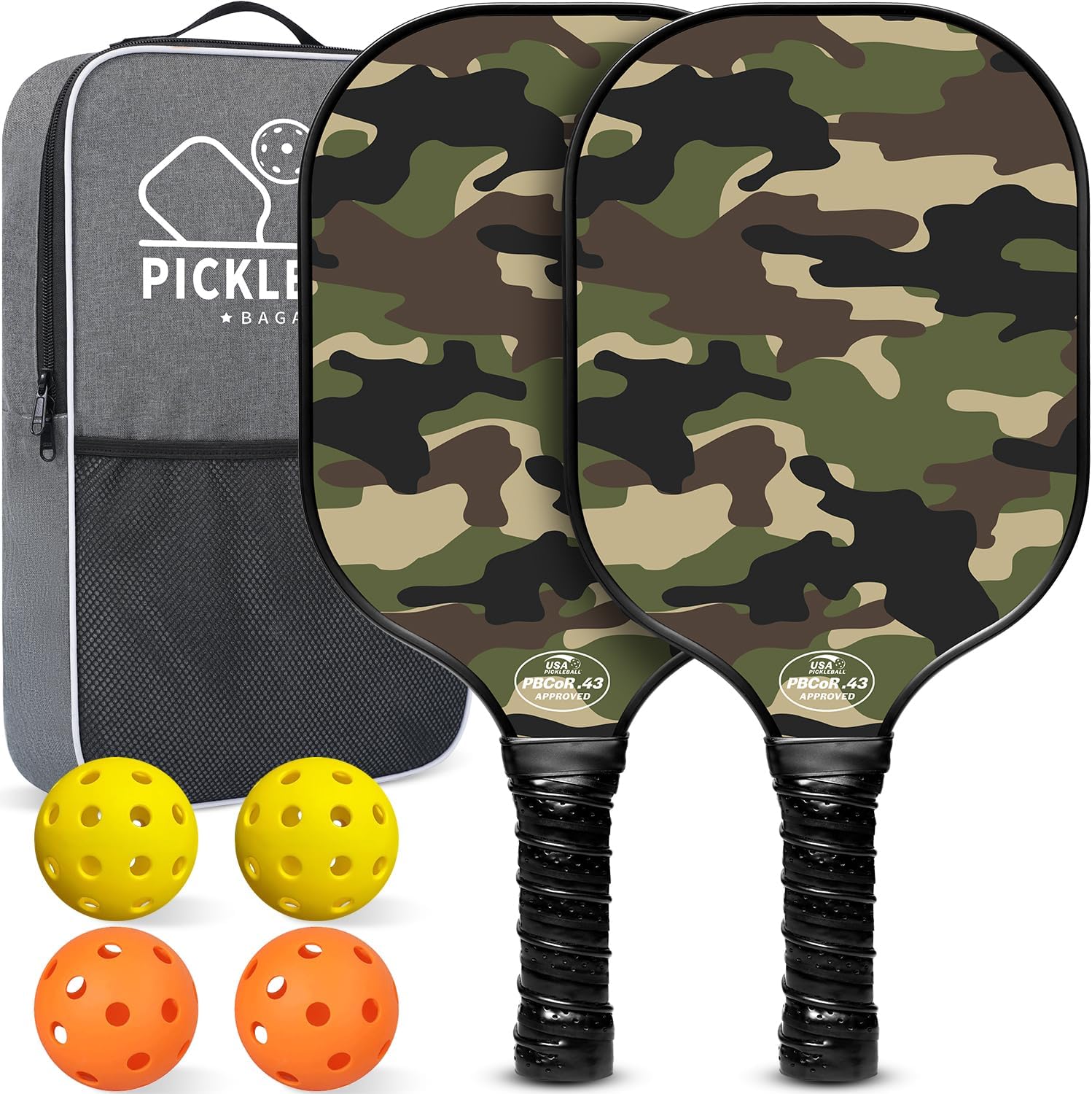 USAPA Approved Fiberglass Pickleball Paddle Set - Lightweight Rackets with 4 Balls and Carry Bag, Designed for Traction and Stability.  Made in California