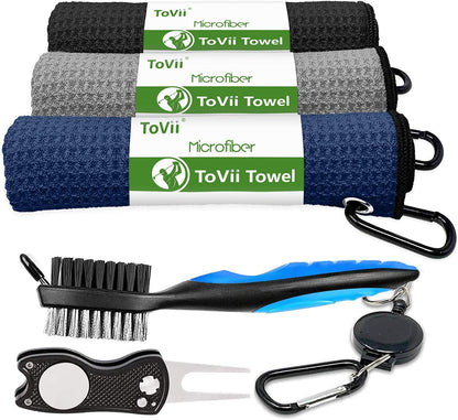 Golf Towel Microfiber Waffle Pattern Golf Towel | Brush Tool Kit with Club Groove Cleaner | Golf Divot Tool | Golf Accessories for Men