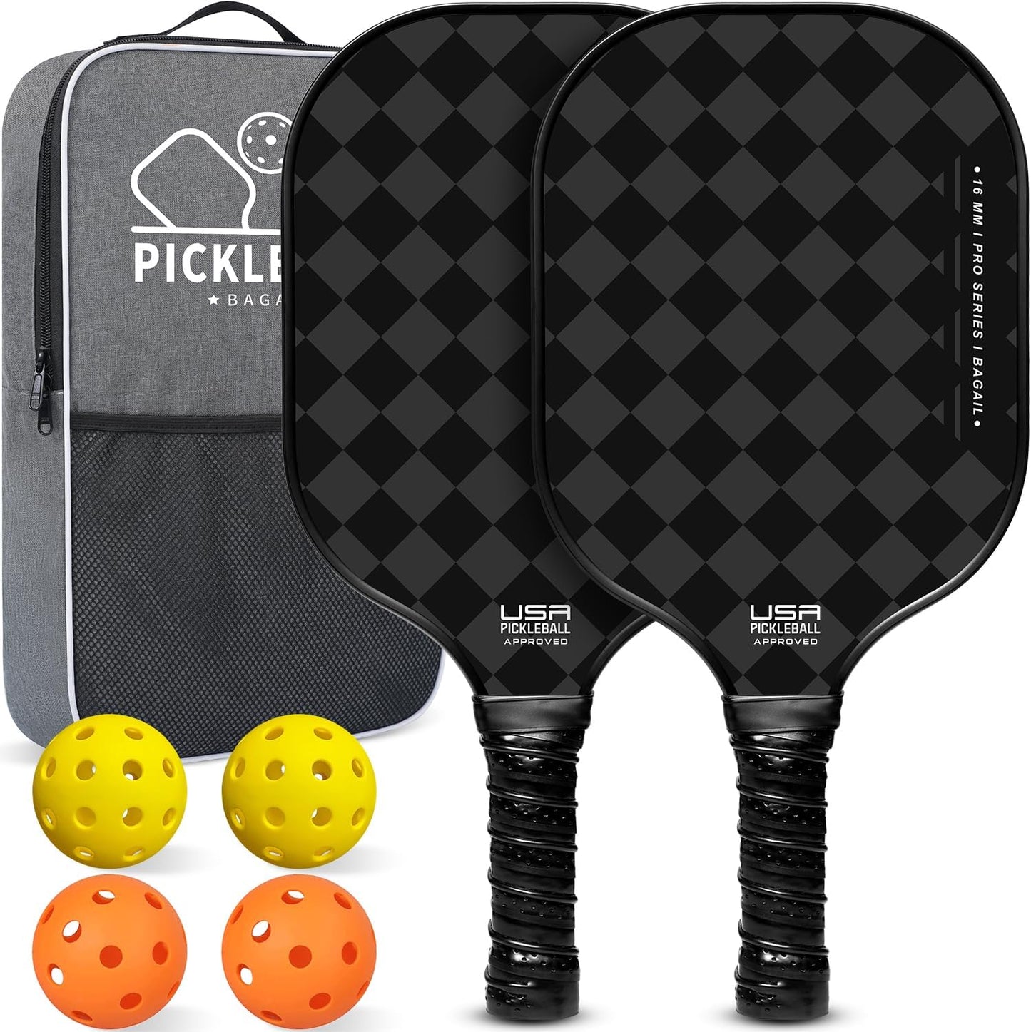 USAPA Approved Fiberglass Pickleball Paddle Set - Lightweight Rackets with 4 Balls and Carry Bag, Designed for Traction and Stability.  Made in California