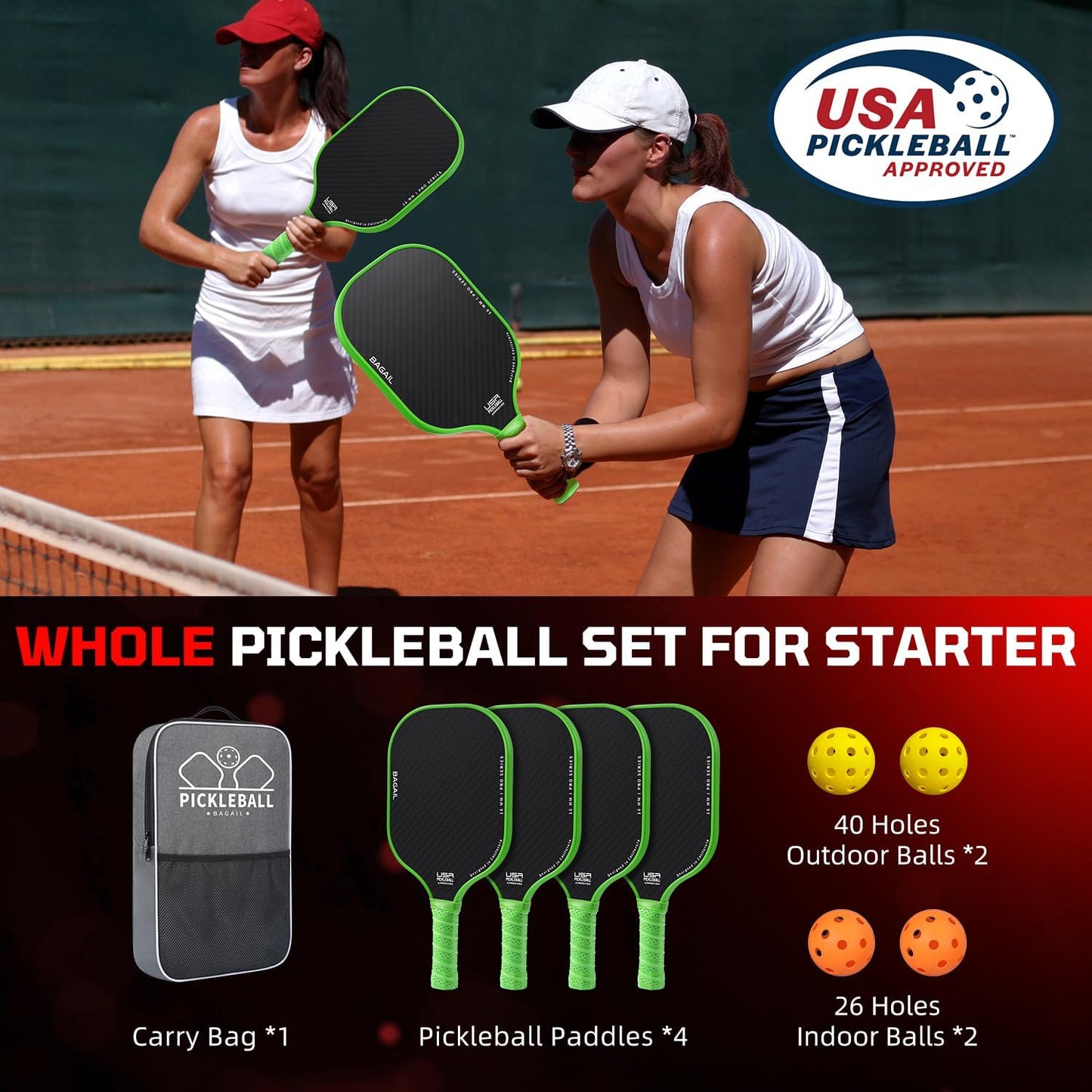 USAPA Approved Fiberglass Pickleball Paddle Set - Lightweight Rackets with 4 Balls and Carry Bag, Designed for Traction and Stability.  Made in California