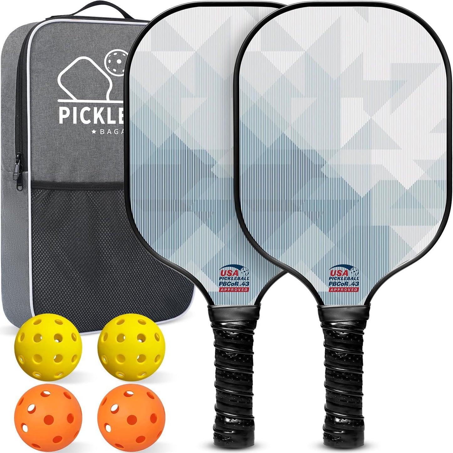 USAPA Approved Fiberglass Pickleball Paddle Set - Lightweight Rackets with 4 Balls and Carry Bag, Designed for Traction and Stability.  Made in California