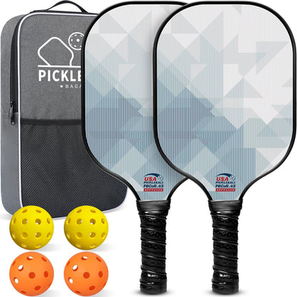 USAPA Approved Fiberglass Pickleball Paddle Set - Lightweight Rackets with 4 Balls and Carry Bag, Designed for Traction and Stability.  Made in California