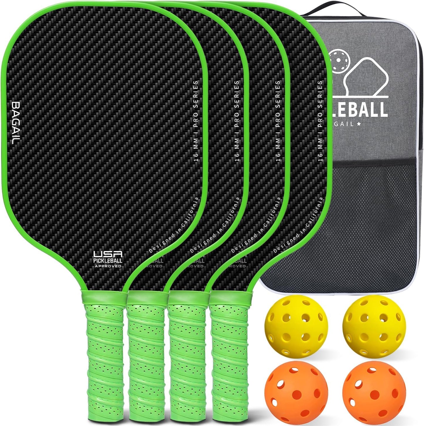 USAPA Approved Fiberglass Pickleball Paddle Set - Lightweight Rackets with 4 Balls and Carry Bag, Designed for Traction and Stability.  Made in California