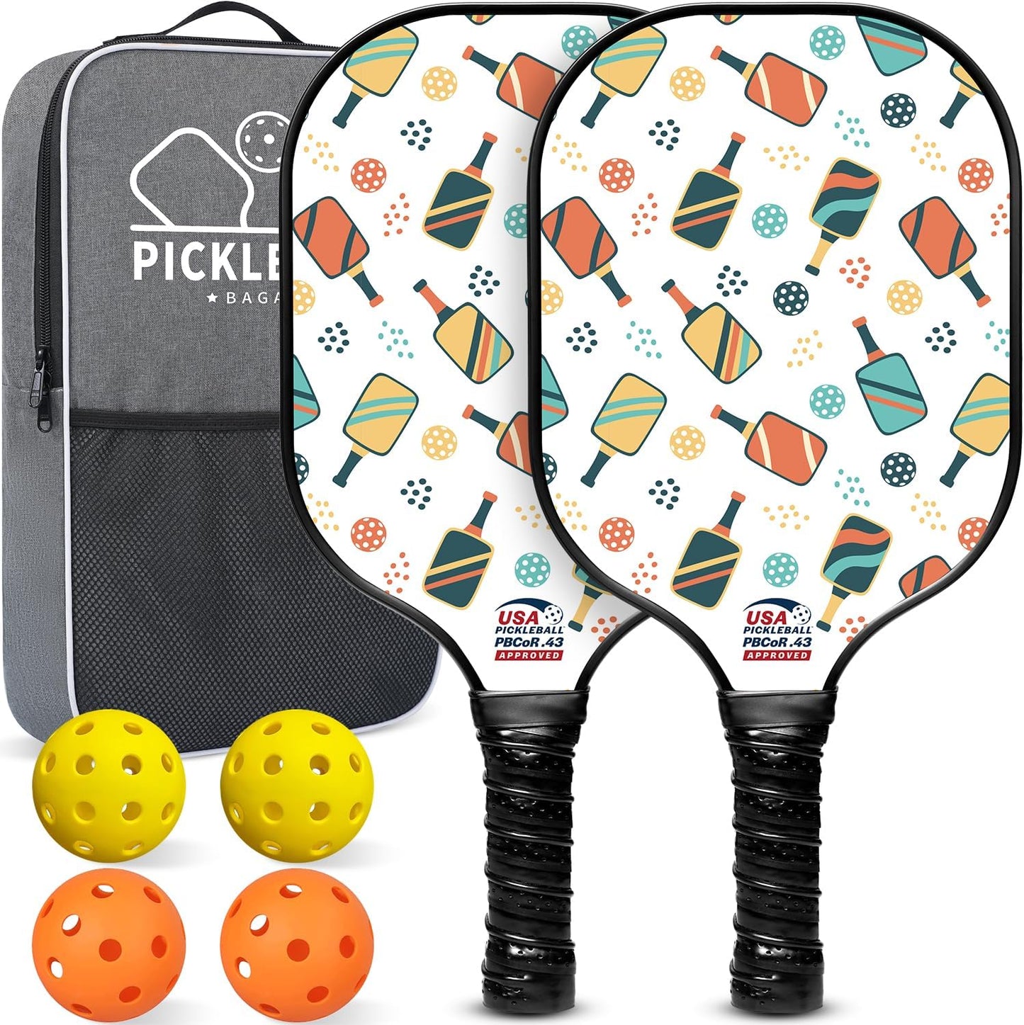 USAPA Approved Fiberglass Pickleball Paddle Set - Lightweight Rackets with 4 Balls and Carry Bag, Designed for Traction and Stability.  Made in California