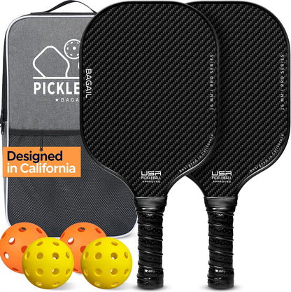 USAPA Approved Fiberglass Pickleball Paddle Set - Lightweight Rackets with 4 Balls and Carry Bag, Designed for Traction and Stability.  Made in California
