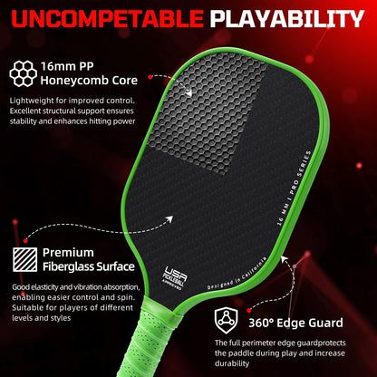 USAPA Approved Fiberglass Pickleball Paddle Set - Lightweight Rackets with 4 Balls and Carry Bag, Designed for Traction and Stability.  Made in California