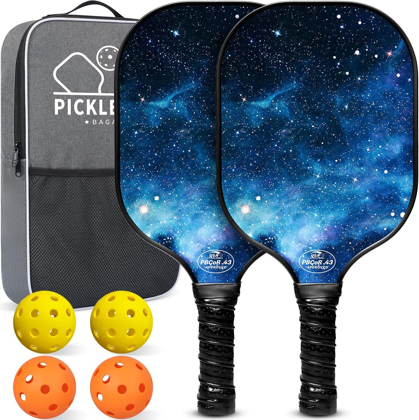 USAPA Approved Fiberglass Pickleball Paddle Set - Lightweight Rackets with 4 Balls and Carry Bag, Designed for Traction and Stability.  Made in California