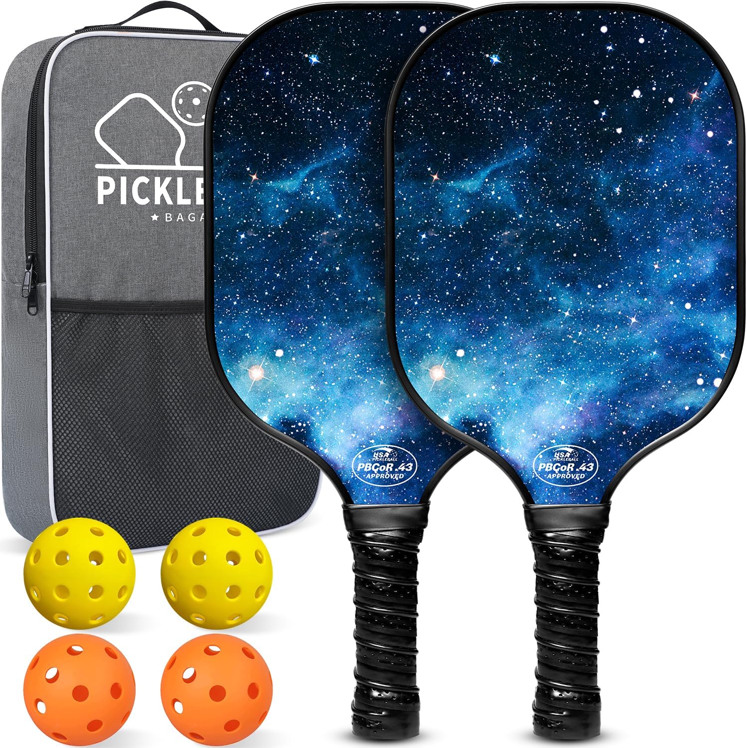 USAPA Approved Fiberglass Pickleball Paddle Set - Lightweight Rackets with 4 Balls and Carry Bag, Designed for Traction and Stability.  Made in California