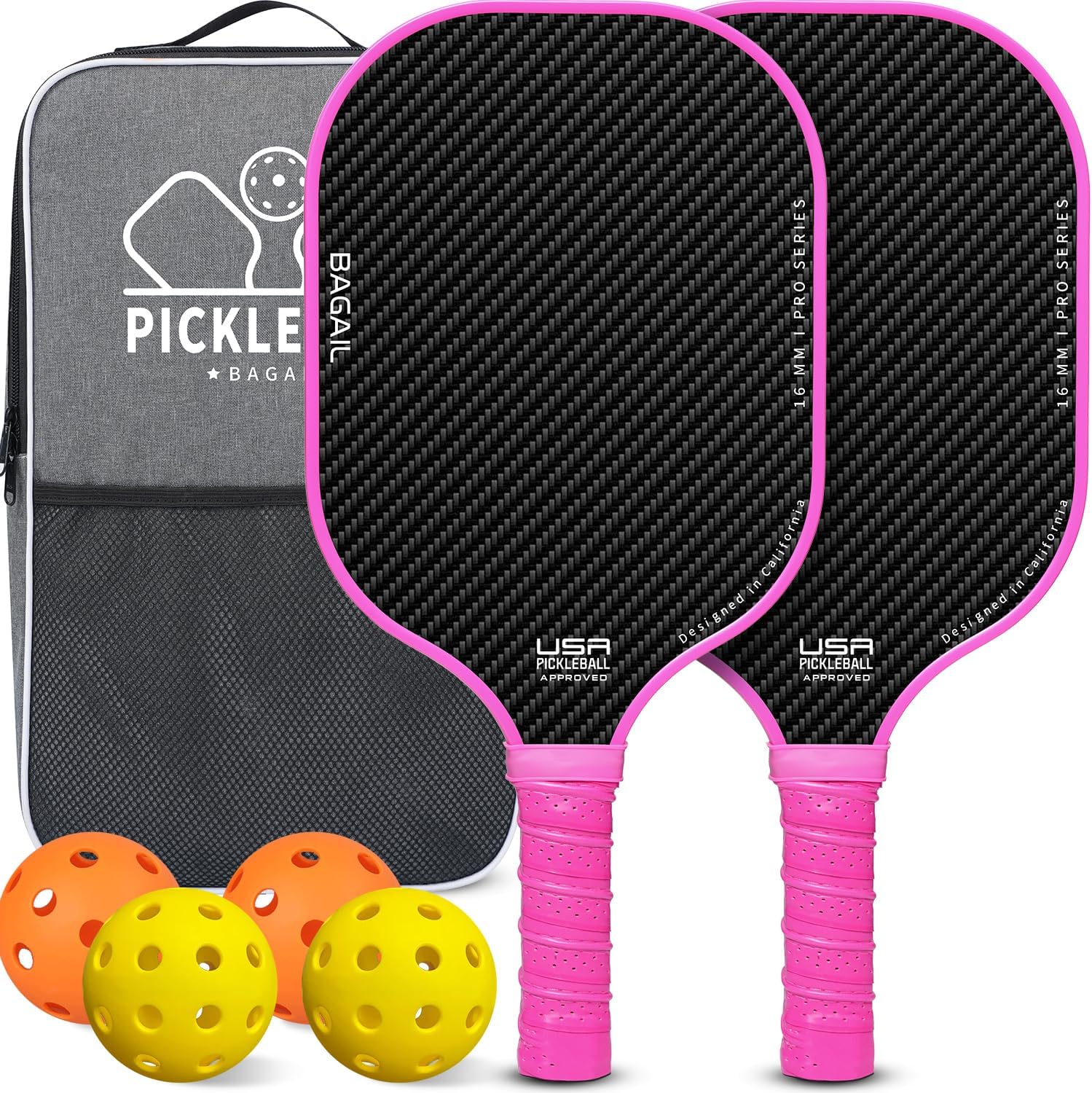 USAPA Approved Fiberglass Pickleball Paddle Set - Lightweight Rackets with 4 Balls and Carry Bag, Designed for Traction and Stability.  Made in California